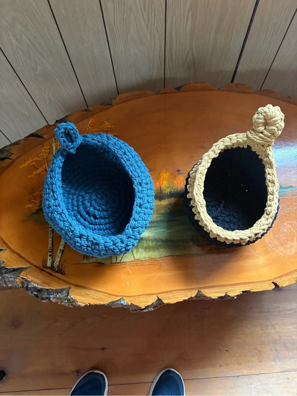 Handcrafted Blue and Cream Crochet Hanging Baskets - Home Accents